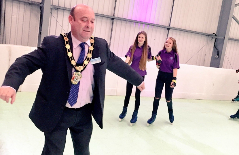 A terrified Cllr. Roger Patterson takes to the rink