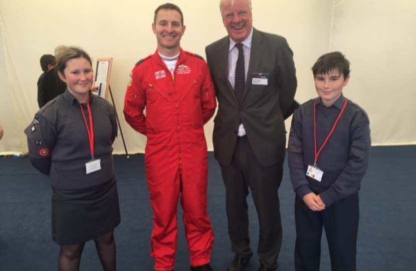 Sir Edward Leigh with a Red Arrow pilot and two Air Cadets