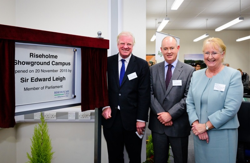 Sir Edward Leigh with Clive Howarth and College Principal Jeanette Dawson OBE.